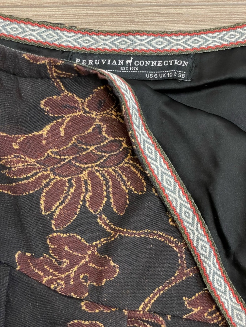 Peruvian Connection Black & Brown Floral Asymmetrical Pleated Midi Skirt - Picture 6 of 11